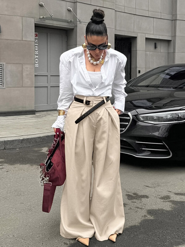 Ikdienišķas haki krāsas kroku platas bikses Sieviešu elegantas bikses ar augstu vidukli, biezas bikses sievietēm 2025. gada pavasaris, vasara, jaunas modes biroja bikses