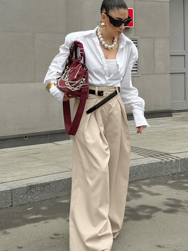 Ikdienišķas haki krāsas kroku platas bikses Sieviešu elegantas bikses ar augstu vidukli, biezas bikses sievietēm 2025. gada pavasaris, vasara, jaunas modes biroja bikses