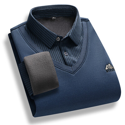 Vīriešu džemperis ar vilnas oderi, polo apkakles džemperi, viltoti divdaļīgi modes biznesa kausālie puloveri biezi ziemas apģērbi