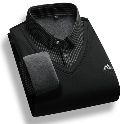 Vīriešu džemperis ar vilnas oderi, polo apkakles džemperi, viltoti divdaļīgi modes biznesa kausālie puloveri biezi ziemas apģērbi