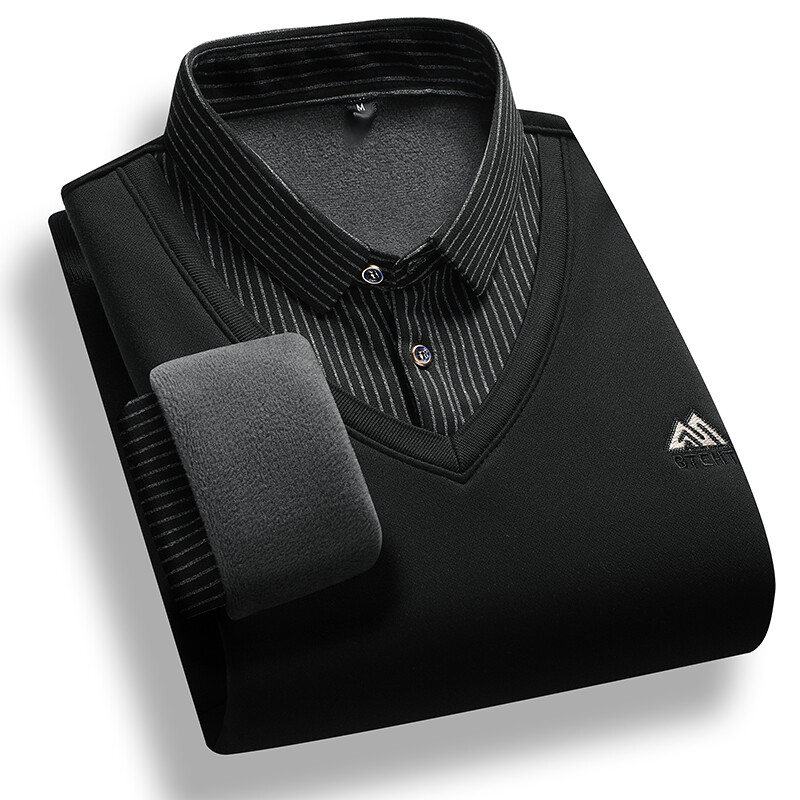 Vīriešu džemperis ar vilnas oderi, polo apkakles džemperi, viltoti divdaļīgi modes biznesa kausālie puloveri biezi ziemas apģērbi