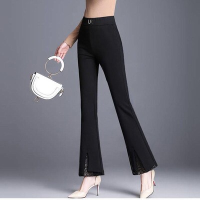 Flare Sieviešu Mežģīnes Patchwork Augsts Viduklis Pavasaris Rudens Jauns Elastība Melnas Bikses Sieviešu Apģērbs Mode Vienkrāsainas Slaidas Bikses
