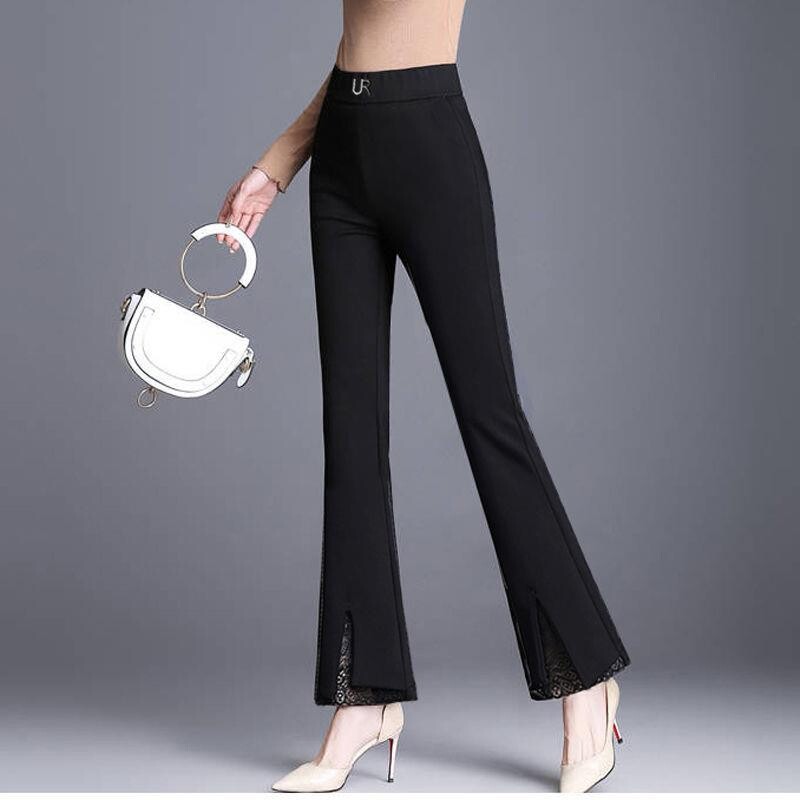 Flare Sieviešu Mežģīnes Patchwork Augsts Viduklis Pavasaris Rudens Jauns Elastība Melnas Bikses Sieviešu Apģērbs Mode Vienkrāsainas Slaidas Bikses