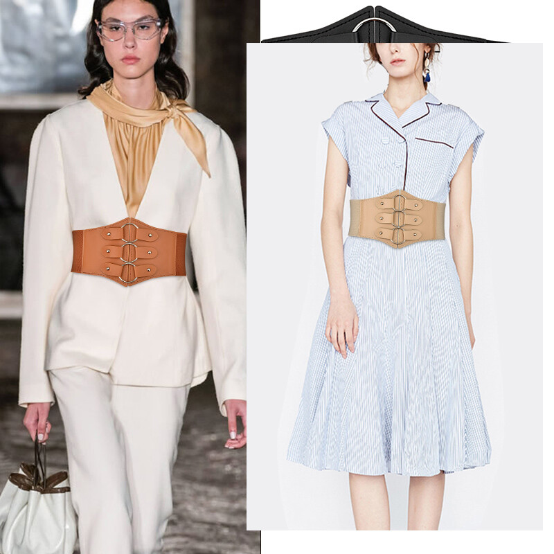 Stilīgas trīskāršas sprādzes platas jostas Elegantas vienkrāsainas elastīgas jostasvietas Cincher klasiskās kleitas mēteļa josta sievietēm