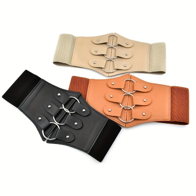 Stilīgas trīskāršas sprādzes platas jostas Elegantas vienkrāsainas elastīgas jostasvietas Cincher klasiskās kleitas mēteļa josta sievietēm