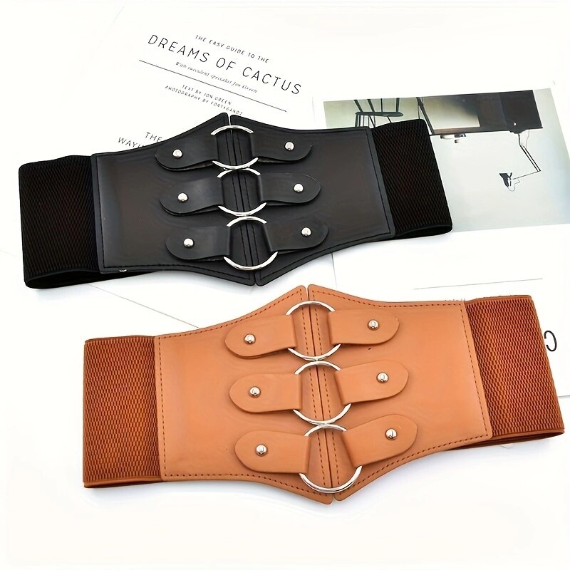 Stilīgas trīskāršas sprādzes platas jostas Elegantas vienkrāsainas elastīgas jostasvietas Cincher klasiskās kleitas mēteļa josta sievietēm