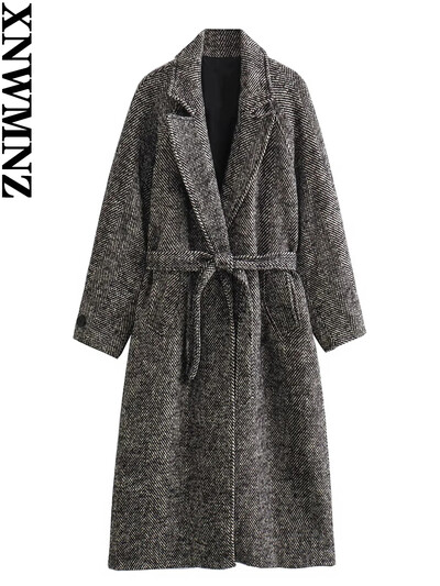 XNWMNZ sieviešu modes 2023. gada rudens/ziemas jostas skujiņas mētelis sievietēm, retro atloks ar garām piedurknēm kabatā, daudzpusīgs sieviešu mētelis