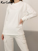 Ziemas kokvilnas T-krekli ar garām piedurknēm Sieviešu balti topi Lielizmēra vienkrāsains Tkrekls Rudens džemperi Sieviešu T-krekli ar garām piedurknēm brīvi