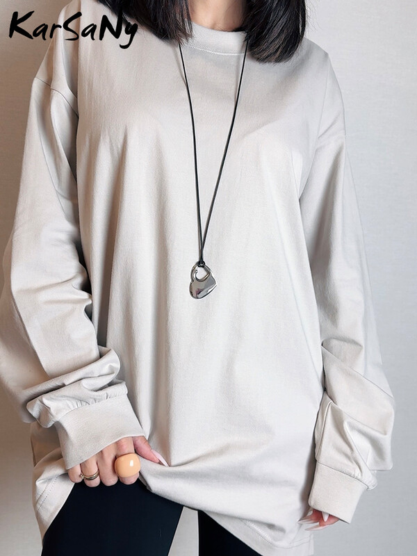 Ziemas kokvilnas T-krekli ar garām piedurknēm Sieviešu balti topi Lielizmēra vienkrāsains Tkrekls Rudens džemperi Sieviešu T-krekli ar garām piedurknēm brīvi