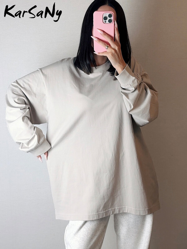 Ziemas kokvilnas T-krekli ar garām piedurknēm Sieviešu balti topi Lielizmēra vienkrāsains Tkrekls Rudens džemperi Sieviešu T-krekli ar garām piedurknēm brīvi