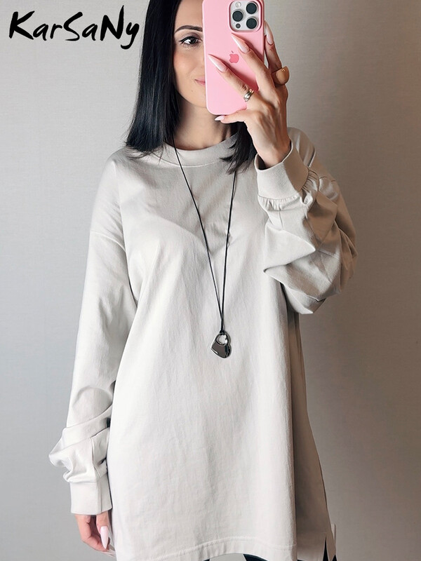 Ziemas kokvilnas T-krekli ar garām piedurknēm Sieviešu balti topi Lielizmēra vienkrāsains Tkrekls Rudens džemperi Sieviešu T-krekli ar garām piedurknēm brīvi