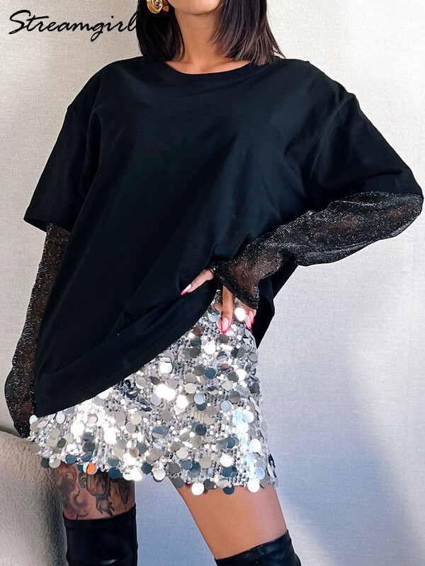 Svijetle prekomjerne majice s mrežastim rukavima, ljetne svijetle svilene majice s zaštitnim faktorom za sunčanje, široke majice s mrežastim rukavima za žene, crne 2025.