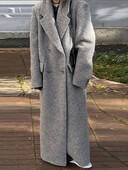 Modes pelēks, garš sieviešu mētelis, divrindu apkakle ar garām piedurknēm Modes vintage ziemas vēja necaurlaidīga sieviešu jaka