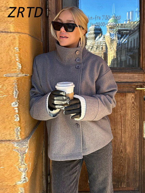 Eleganti sieviešu, īsi vilnas mēteļi, ikdienas mēteļi, vienrindas, garām piedurknēm, bieza jaka 2024. gada rudens ziemas sieviešu biroja virsdrēbes