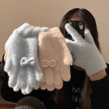 Lovely Gloves Μαλακά κοραλί βελούδινα γάντια με τα δάχτυλα Winter Thicken πιο ζεστά γάντια Κορεατικά γάντια απομίμησης γούνας κουνελιού