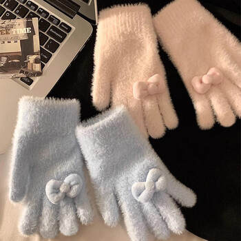 Lovely Gloves Μαλακά κοραλί βελούδινα γάντια με τα δάχτυλα Winter Thicken πιο ζεστά γάντια Κορεατικά γάντια απομίμησης γούνας κουνελιού