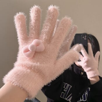 Lovely Gloves Μαλακά κοραλί βελούδινα γάντια με τα δάχτυλα Winter Thicken πιο ζεστά γάντια Κορεατικά γάντια απομίμησης γούνας κουνελιού