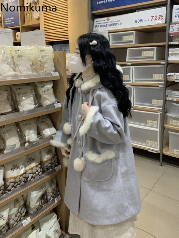 Ziemas apģērbs Biezi japāņu mēteļi sievietēm ar kapuci Tvīda vilna un maisījumi 2024. gada Ropa Mujer modes brīvi, saldie jakas topi