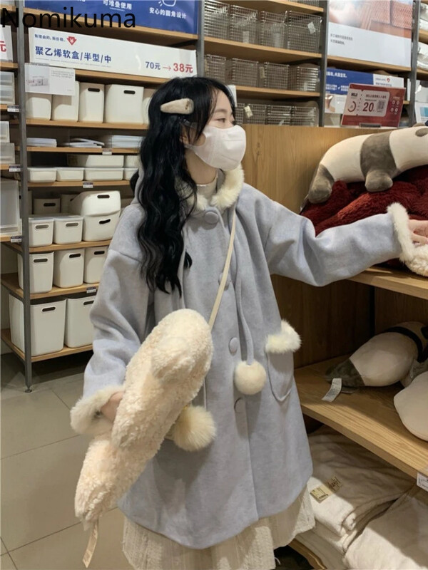 Ziemas apģērbs Biezi japāņu mēteļi sievietēm ar kapuci Tvīda vilna un maisījumi 2024. gada Ropa Mujer modes brīvi, saldie jakas topi