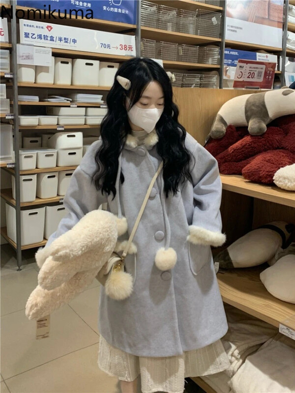 Ziemas apģērbs Biezi japāņu mēteļi sievietēm ar kapuci Tvīda vilna un maisījumi 2024. gada Ropa Mujer modes brīvi, saldie jakas topi