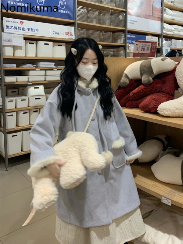 Ziemas apģērbs Biezi japāņu mēteļi sievietēm ar kapuci Tvīda vilna un maisījumi 2024. gada Ropa Mujer modes brīvi, saldie jakas topi