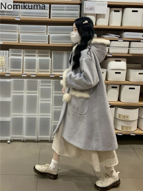 Ziemas apģērbs Biezi japāņu mēteļi sievietēm ar kapuci Tvīda vilna un maisījumi 2024. gada Ropa Mujer modes brīvi, saldie jakas topi