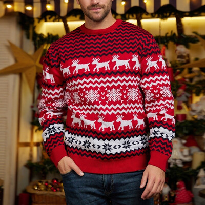 Ziemas jauni ziemassvētku džemperi Modes apaļa kakla sniegpārsla aļņa trikotāžas puloveri ar garām piedurknēm vīriešu džemperi svētku ballīšu džemperi