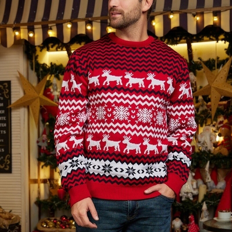 Ziemas jauni ziemassvētku džemperi Modes apaļa kakla sniegpārsla aļņa trikotāžas puloveri ar garām piedurknēm vīriešu džemperi svētku ballīšu džemperi
