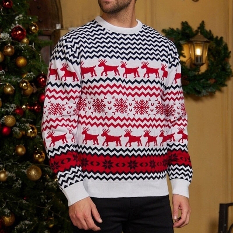Ziemas jauni ziemassvētku džemperi Modes apaļa kakla sniegpārsla aļņa trikotāžas puloveri ar garām piedurknēm vīriešu džemperi svētku ballīšu džemperi