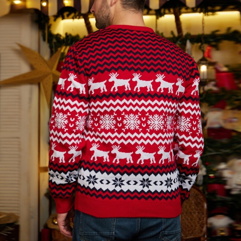 Ziemas jauni ziemassvētku džemperi Modes apaļa kakla sniegpārsla aļņa trikotāžas puloveri ar garām piedurknēm vīriešu džemperi svētku ballīšu džemperi