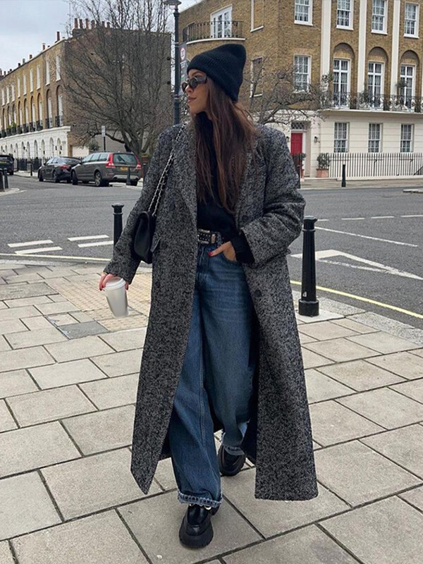 Uzvalks Apkakle Svītrains Garš Mētelis Biezs Vilnas Jaka Ikdienišķs Brīvs Elegants Sieviešu brauciens Silti Kokvilnas Mēteļi Rudens Ziema Jaunums