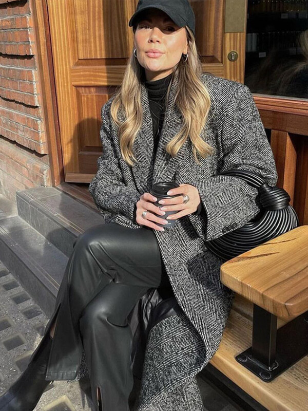 Uzvalks Apkakle Svītrains Garš Mētelis Biezs Vilnas Jaka Ikdienišķs Brīvs Elegants Sieviešu brauciens Silti Kokvilnas Mēteļi Rudens Ziema Jaunums