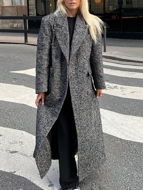 Uzvalks Apkakle Svītrains Garš Mētelis Biezs Vilnas Jaka Ikdienišķs Brīvs Elegants Sieviešu brauciens Silti Kokvilnas Mēteļi Rudens Ziema Jaunums