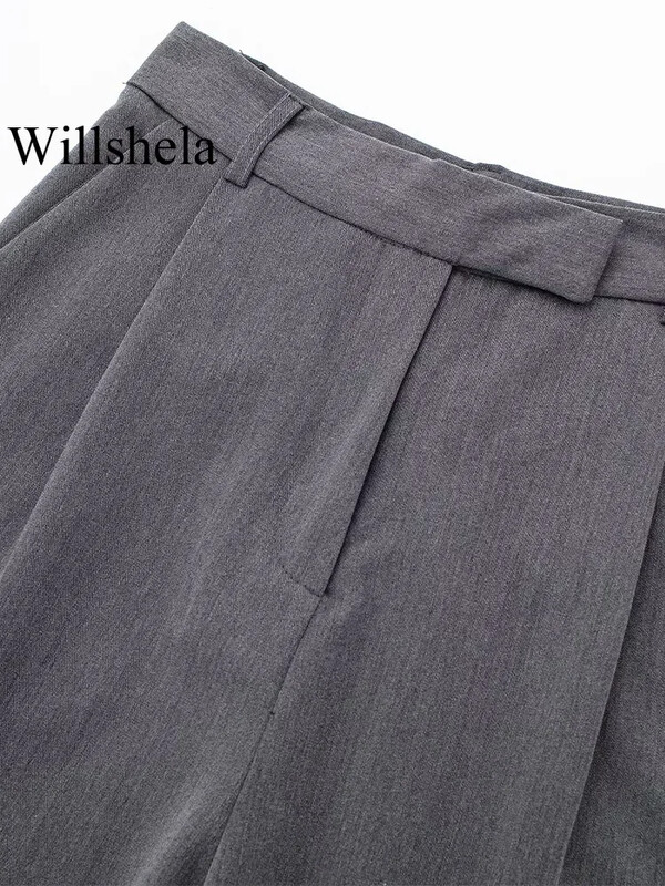 Willshela sieviešu modes masīvs priekšējais rāvējslēdzējs taisnas bikses vintage ar augstu vidukli pilna garuma sieviešu elegantas sieviešu bikses