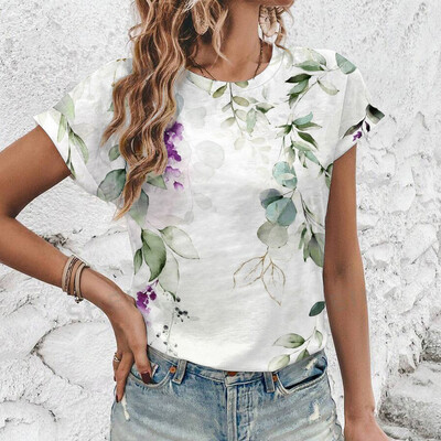 2024 Нова лятна дамска тениска с флорален принт, дамско облекло с къс ръкав и кръгло деколте, тениска с големи размери, удобна горна тениска S-3XL