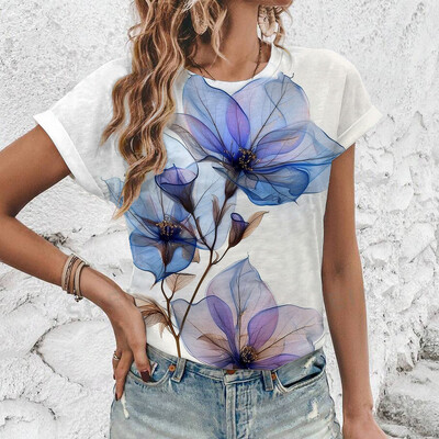 2024 Нова лятна дамска тениска с флорален принт, дамско облекло с къс ръкав и кръгло деколте, тениска с големи размери, удобна горна тениска S-3XL