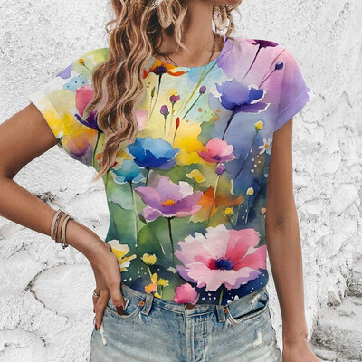 2024 Нова лятна дамска тениска с флорален принт, дамско облекло с къс ръкав и кръгло деколте, тениска с големи размери, удобна горна тениска S-3XL