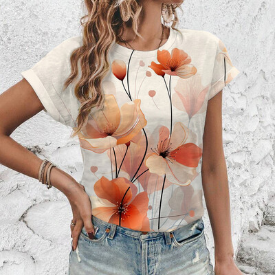2024 Нова лятна дамска тениска с флорален принт, дамско облекло с къс ръкав и кръгло деколте, тениска с големи размери, удобна горна тениска S-3XL