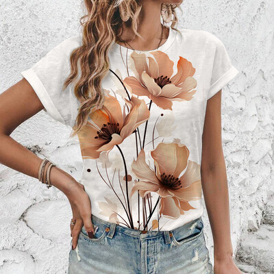 2024 Нова лятна дамска тениска с флорален принт, дамско облекло с къс ръкав и кръгло деколте, тениска с големи размери, удобна горна тениска S-3XL