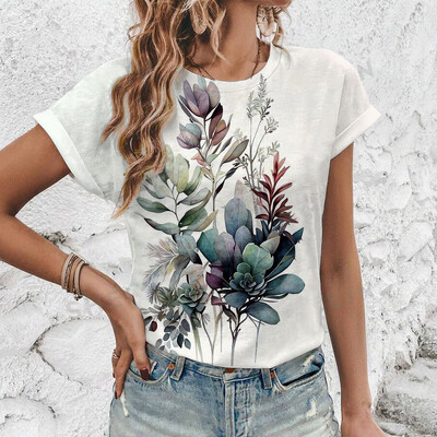 2024 Нова лятна дамска тениска с флорален принт, дамско облекло с къс ръкав и кръгло деколте, тениска с големи размери, удобна горна тениска S-3XL
