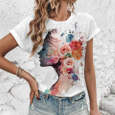 2024 Нова лятна дамска тениска с флорален принт, дамско облекло с къс ръкав и кръгло деколте, тениска с големи размери, удобна горна тениска S-3XL
