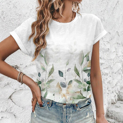 2024 Нова лятна дамска тениска с флорален принт, дамско облекло с къс ръкав и кръгло деколте, тениска с големи размери, удобна горна тениска S-3XL