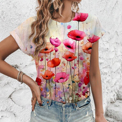 2024 Нова лятна дамска тениска с флорален принт, дамско облекло с къс ръкав и кръгло деколте, тениска с големи размери, удобна горна тениска S-3XL