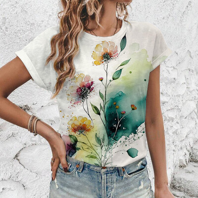2024 Нова лятна дамска тениска с флорален принт, дамско облекло с къс ръкав и кръгло деколте, тениска с големи размери, удобна горна тениска S-3XL