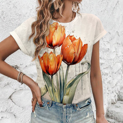 2024 Нова лятна дамска тениска с флорален принт, дамско облекло с къс ръкав и кръгло деколте, тениска с големи размери, удобна горна тениска S-3XL