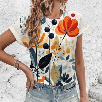 2024 Нова лятна дамска тениска с флорален принт, дамско облекло с къс ръкав и кръгло деколте, тениска с големи размери, удобна горна тениска S-3XL