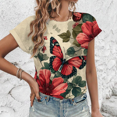 2024 Нова лятна дамска тениска с флорален принт, дамско облекло с къс ръкав и кръгло деколте, тениска с големи размери, удобна горна тениска S-3XL