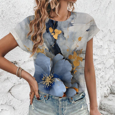 2024 Нова лятна дамска тениска с флорален принт, дамско облекло с къс ръкав и кръгло деколте, тениска с големи размери, удобна горна тениска S-3XL