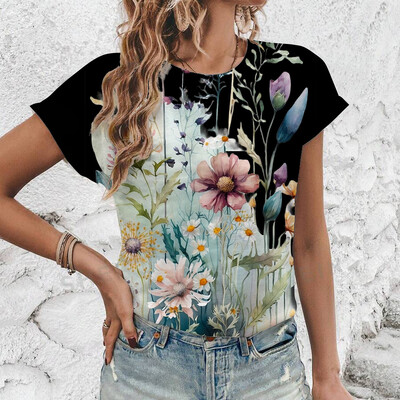 2024 Нова лятна дамска тениска с флорален принт, дамско облекло с къс ръкав и кръгло деколте, тениска с големи размери, удобна горна тениска S-3XL