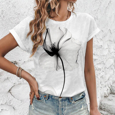 2024 Нова лятна дамска тениска с флорален принт, дамско облекло с къс ръкав и кръгло деколте, тениска с големи размери, удобна горна тениска S-3XL